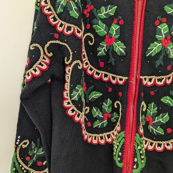 Vintage 90s Ugly‎ Christmas Embroidered Holly Sweater 3D - Picture 7 of 14
